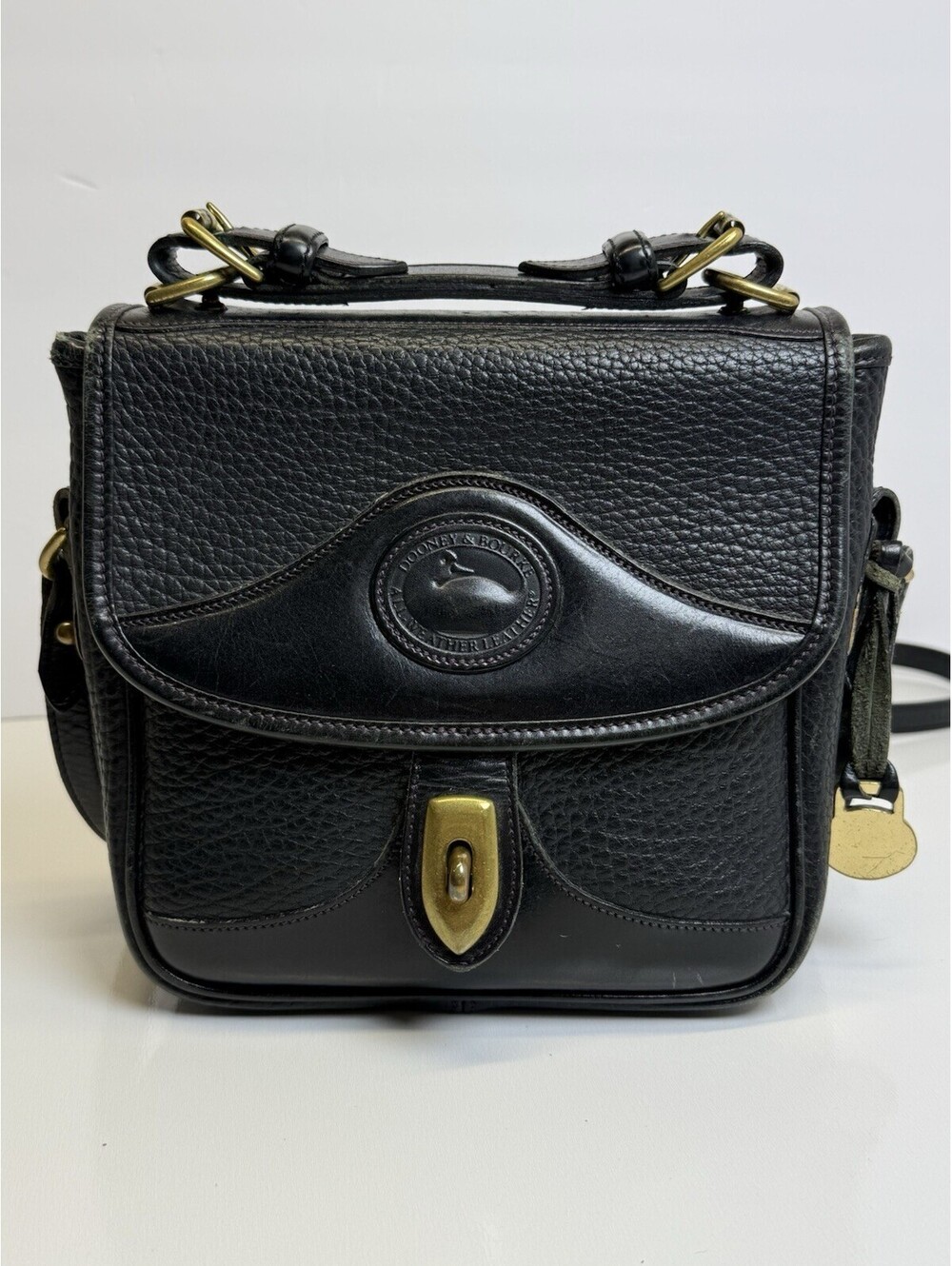 Vintage Dooney And Bourke Pebbled Black Leather Square Crossbody Made USA Brass